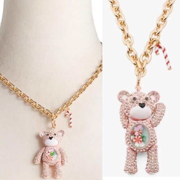NWT Betsey Johnson Rhinestone Pink Pave Moveable Bear Holiday Necklace Candycane - Picture 1 of 12